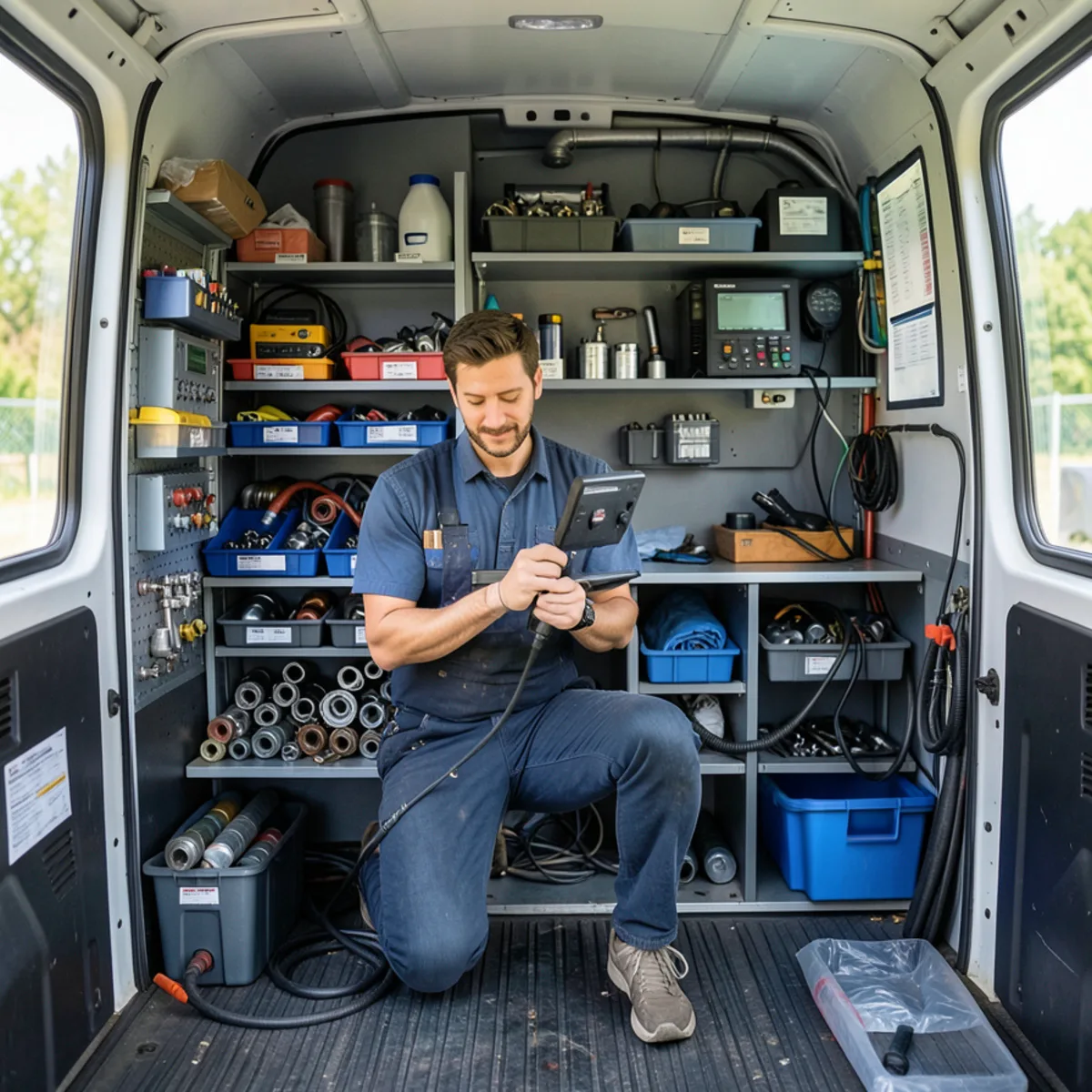 Organized interior of plumbing service vehicle with tools and pipe fittings